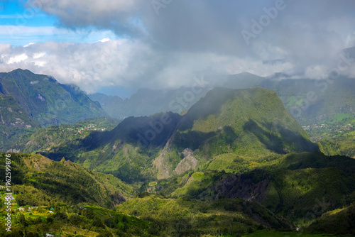 Scenic cloudy landscape of Cirque de Salazie, La Reunion island, French oversea department, Indian Ocean	