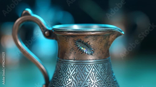 ornate metal jug with engraved patterns and reflective surface, detailed texture, antique tableware, vintage aesthetic