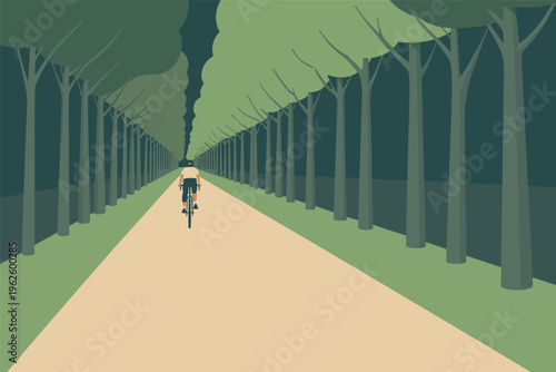Cyclist Riding on a Tree-Lined Road with copy space, cycling fitness concept