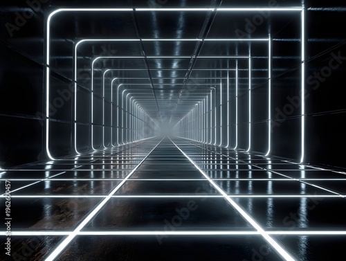 Futuristic corridor illuminated by neon lights, creating a mesmerizing visual experience for technology enthusiasts.