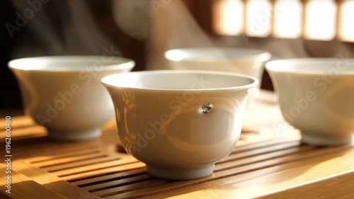 Traditional ceramic tea cups filled with steaming hot beverage, arranged on a wooden tray, warm sunlight illuminating the scene, serene and peaceful atmosphere