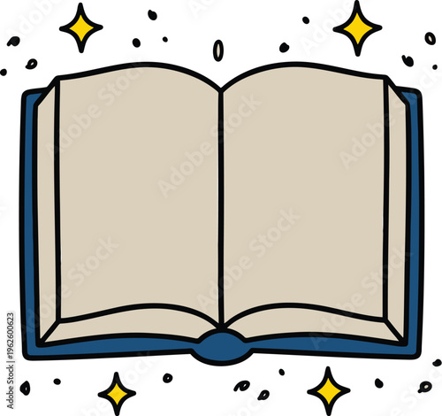 Open book doodle with yellow stars and decorative elements on white background