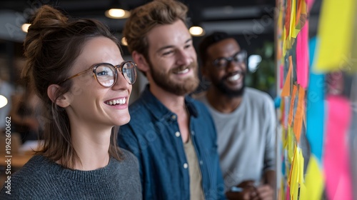 Three colleagues smile as they engage with colorful sticky notes on a wall, showcasing teamwork and creativity in a modern office environment. Collaborative spirit shines through.