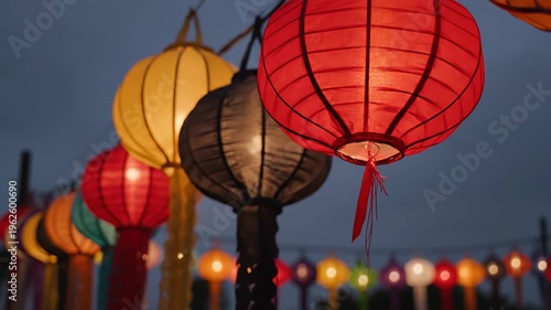 Row of colorful paper lanterns glowing at dusk, festival illumination, cultural celebration, ambient light, festive decoration