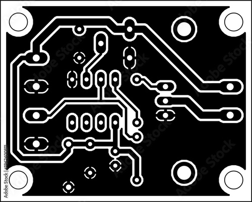 Tracing conductors of printed circuit board
of electronic device. Vector engineering technical
drawing of pcb. Electric background. 
Cad black and white design.