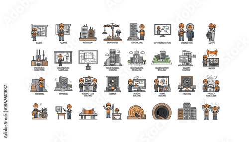 Construction workers engaged in various building activities and safety inspections