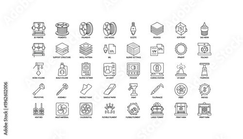 3D printing technology icons for innovative manufacturing solutions