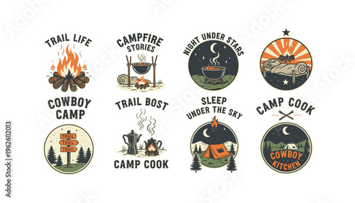 Vintage camping badges with campfire, tent, and outdoor adventure themes
