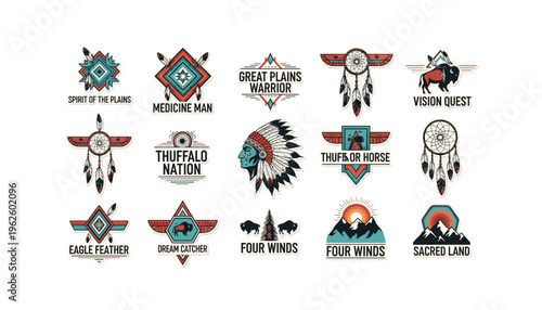 Vibrant Native American inspired tribal logos and icons set