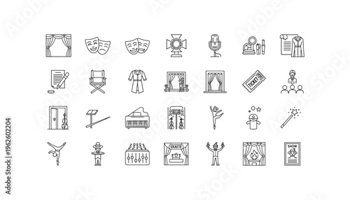 Theatrical elements and performing arts symbols in a vibrant collection