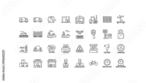 Logistics and supply chain management icons for business and transportation
