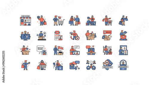 Vibrant e-commerce icons illustrate online shopping experiences with people