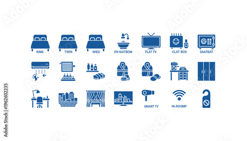 Modern hotel amenities icons for travel and hospitality industry