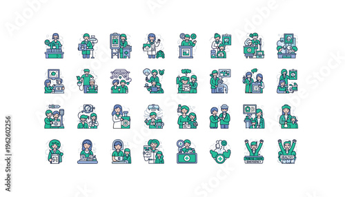 Medical professionals in various healthcare settings and actions