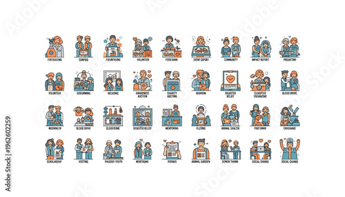 Diverse volunteers engaging in various community service activities