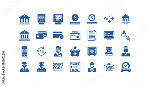 Collection of blue bank and finance icons for business and investment