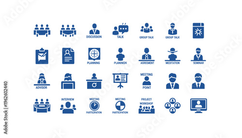 Business meeting icons set in modern blue design