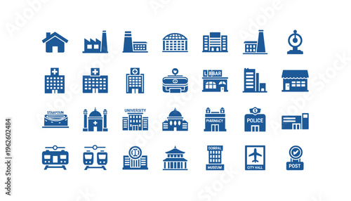 Collection of modern city and building icons for urban planning and design
