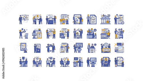 Business professionals engaging in various financial and office activities