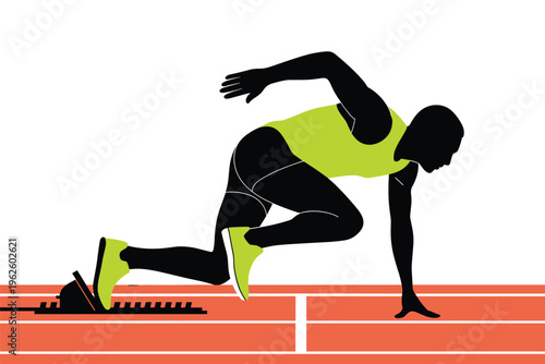 Athlete in starting blocks on a running track with copy space, sprint training concept