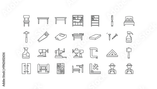 Collection of various carpentry tools and furniture in simple line art style