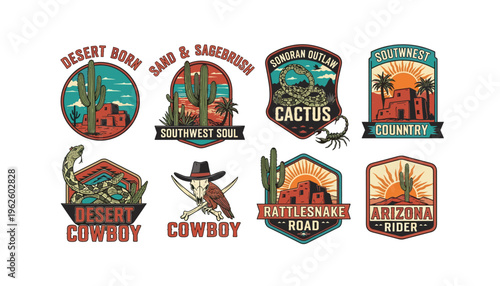 Vibrant desert themed stickers with cacti and cowboy motifs
