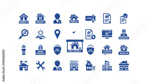 Collection of property management icons for rental and lease services