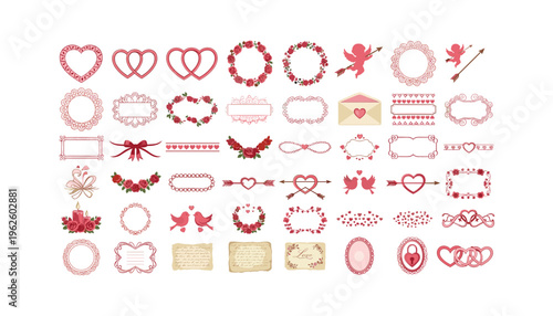 Valentine's Day graphics with hearts, flowers, and love symbols