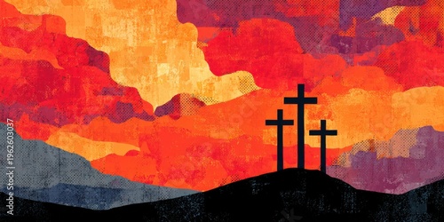 Three crosses silhouetted, dramatic textured sunset sky, spiritual solemn scene