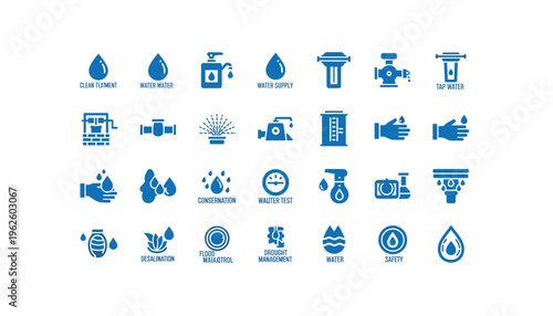 Collection of blue water management icons for environmental projects