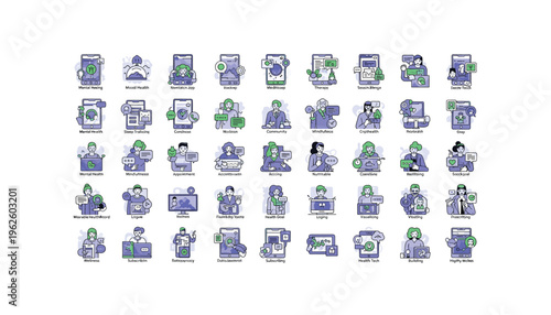 Mental health and wellness icons for mobile apps and websites