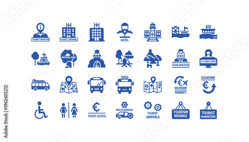 Tourism icons for travel and hospitality industry