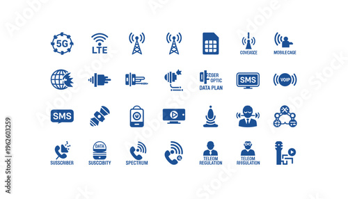 Collection of modern telecommunications icons for business and technology use