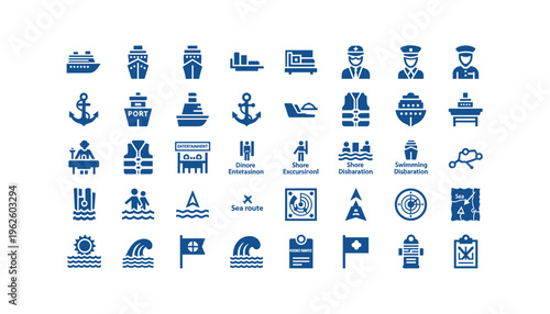 Cruise ship icons for travel and tourism industry
