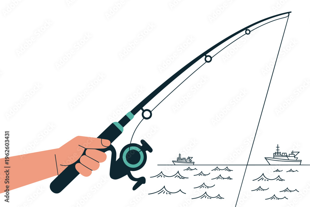 Fototapeta premium Hand holding fishing rod attempting to catch military ships with copy space, conceptual surreal concept