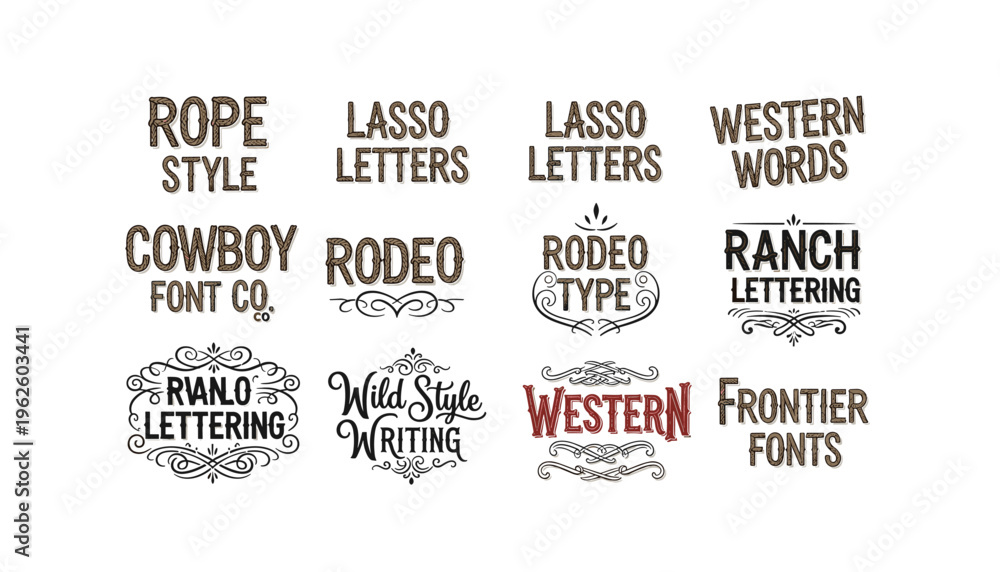 Fototapeta premium Western fonts and lettering styles for rustic designs