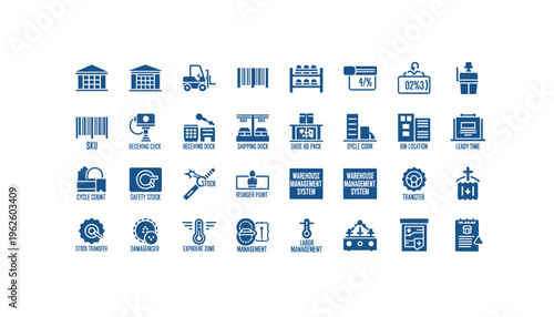 Warehouse management icons for logistics and inventory control systems