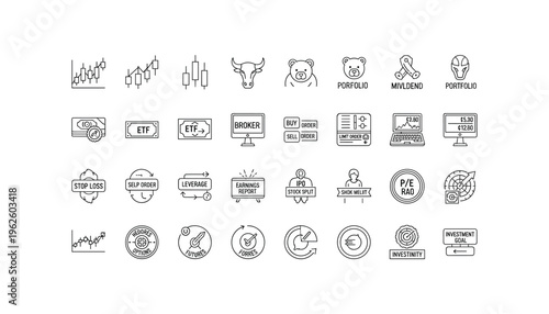 Comprehensive set of modern financial icons for investment and trading strategies