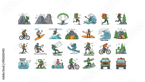 Vibrant adventure icons for travel and outdoor enthusiasts in action