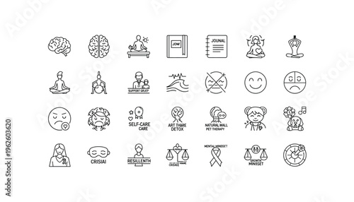 Mental health icons set for wellness and self care