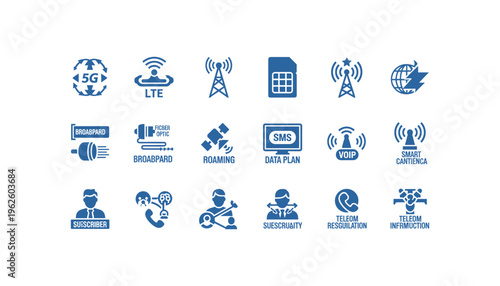 Telecommunication icons set with 5G, LTE, and network terms