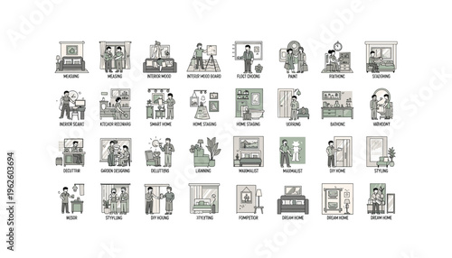 Various people engaging in home design and decoration activities