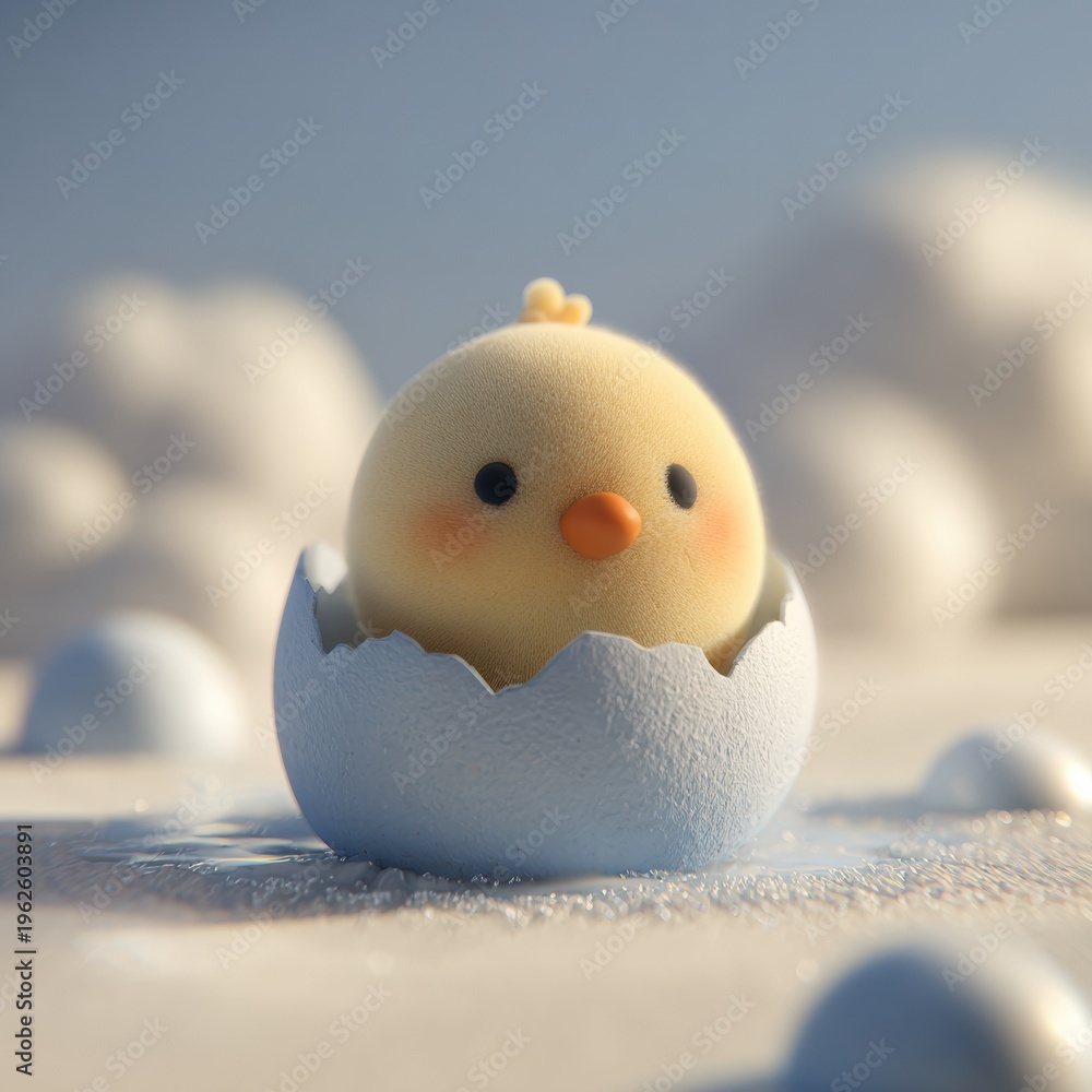 Obraz premium Cute Baby Chick Made of Clay Breaks Free From a Pale Blue Eggshell With Soft Light Shining on It
