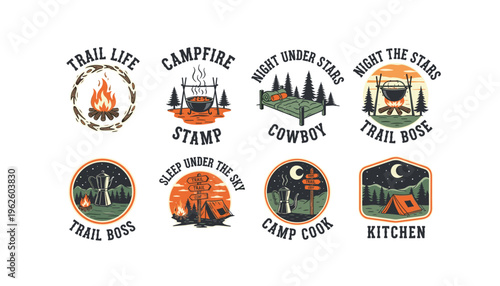 Vintage camping badges for outdoor adventures and travel
