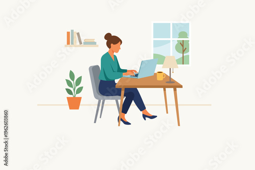 Woman Working Remotely at Home Office Desk With Laptop Coffee Lamp and Plant