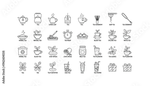 Various tea types and tea ceremony icons in minimalist line art style