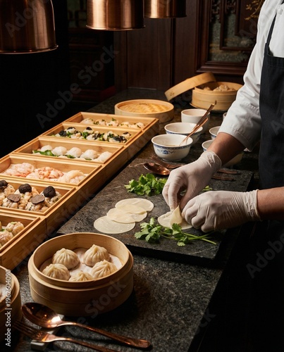 Chef wearing gloves preparing dumplings with fresh cilantro on dark countertop in professional kitchen with bamboo steamers and wooden trays of assorted dumplings