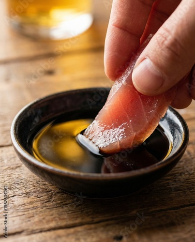 Close-up of a hand dipping a slice of raw fish into dark soy sauce in a small black bowl on a wooden surface with a softly blurred background, sushi and sashimi detail