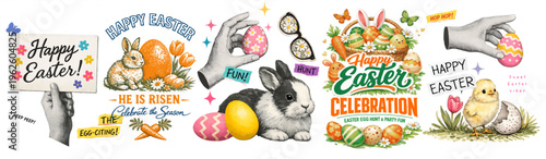 Happy Easter vector set with cute bunny, eggs, chick and spring flowers in vintage halftone scrapbook style. Isolated on transparent background, perfect for holiday design, cards, stickers.