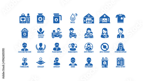 Blue icons representing various charity and social causes